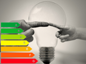 Energy performance ratings and black and white lightbulb